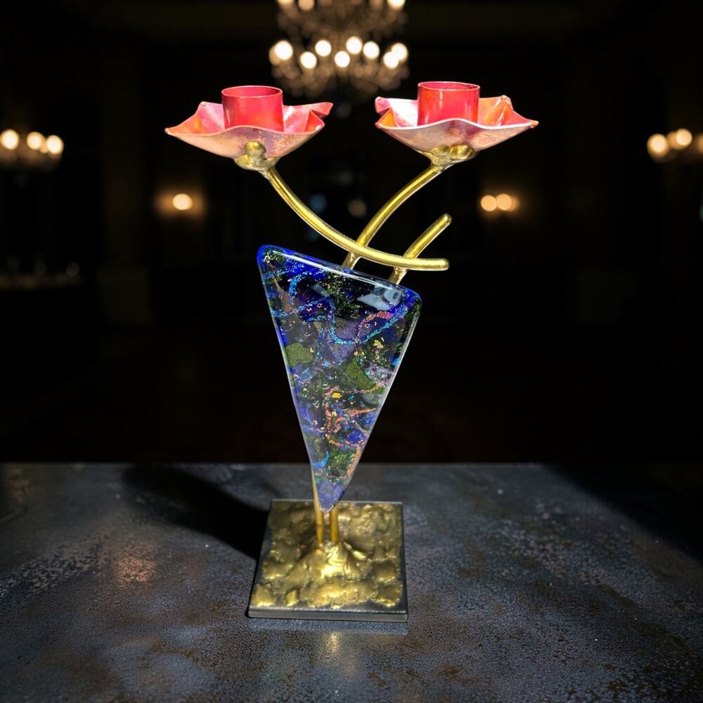 Gary Rosenthal Handcrafted Metal Fused Glass Shabbat Double Candlestick Two Cndl